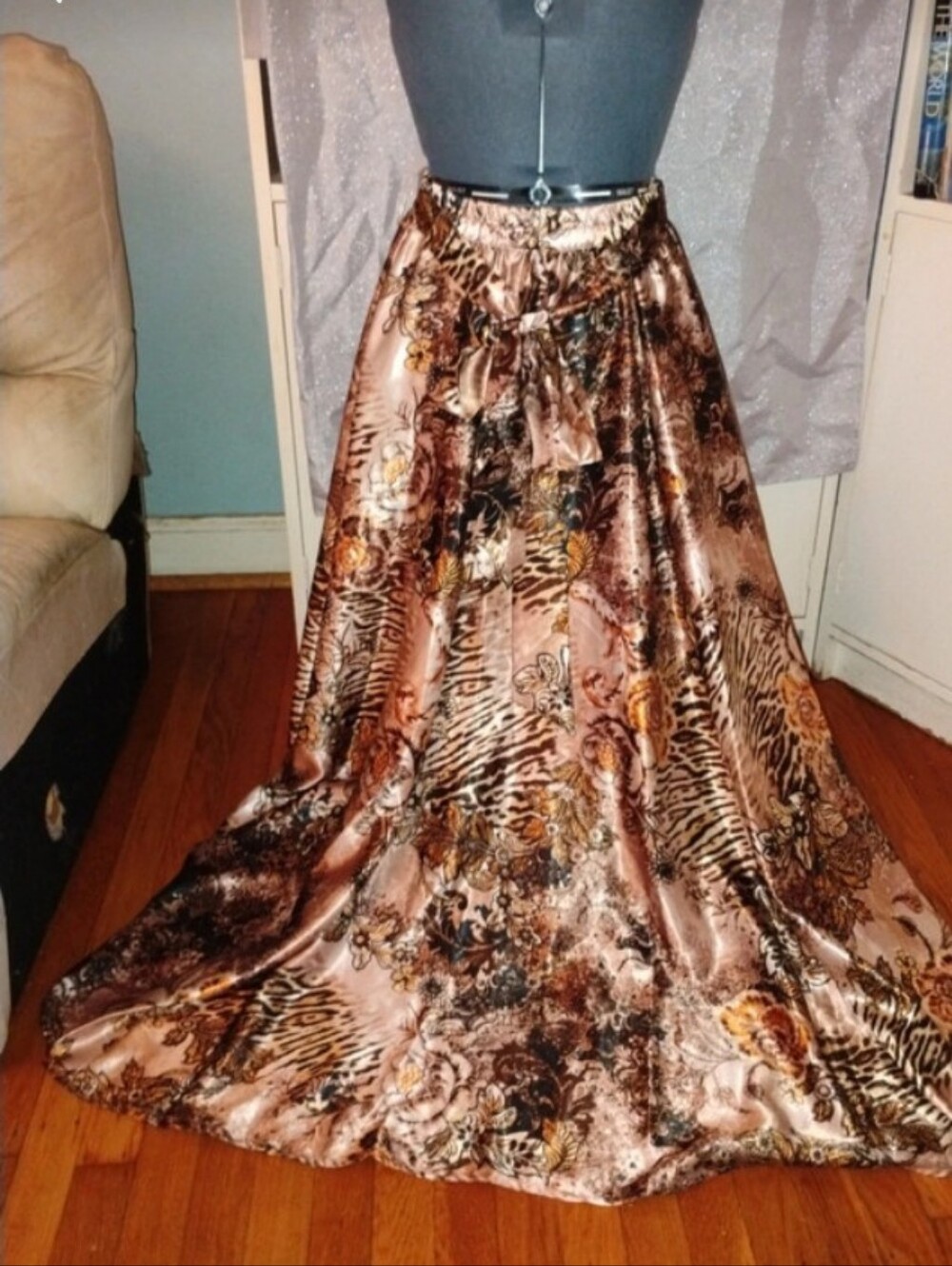 Brown Satin Maxi Skirt with Animal & Floral Print